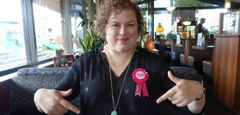 Jane at Denny's for her birthday eating free pancakes